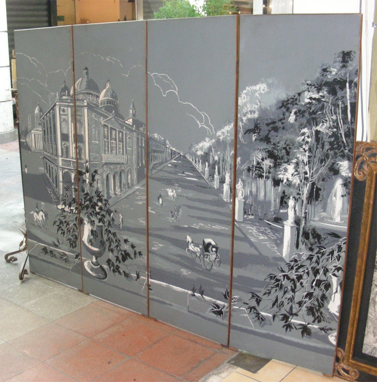 1940s four-panel screen decorated with a cityscape painted on canvas and glued onto wood. Dimensions given are for one panel.