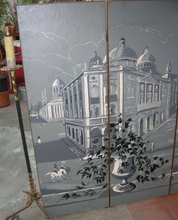 French 1940s Four-Panel Screen with Cityscape For Sale