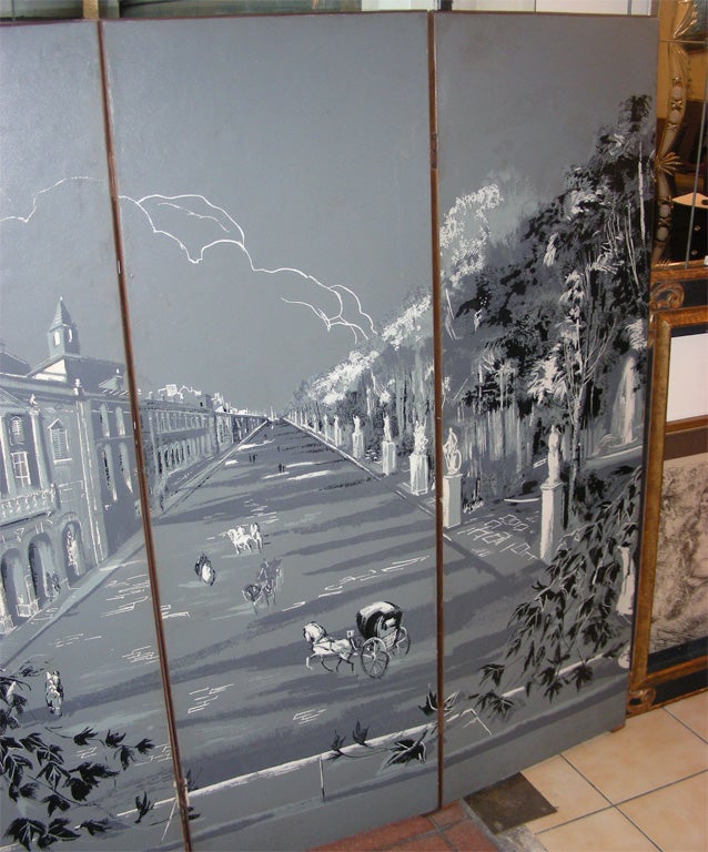 1940s Four-Panel Screen with Cityscape In Good Condition For Sale In Saint Ouen, FR