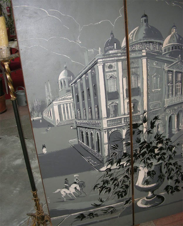 1940s Four-Panel Screen with Cityscape For Sale 1