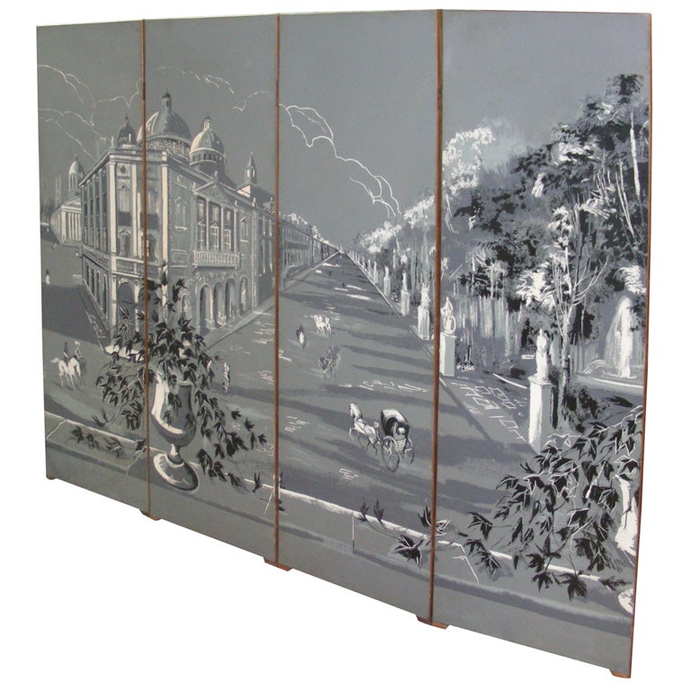 1940s Four-Panel Screen with Cityscape For Sale