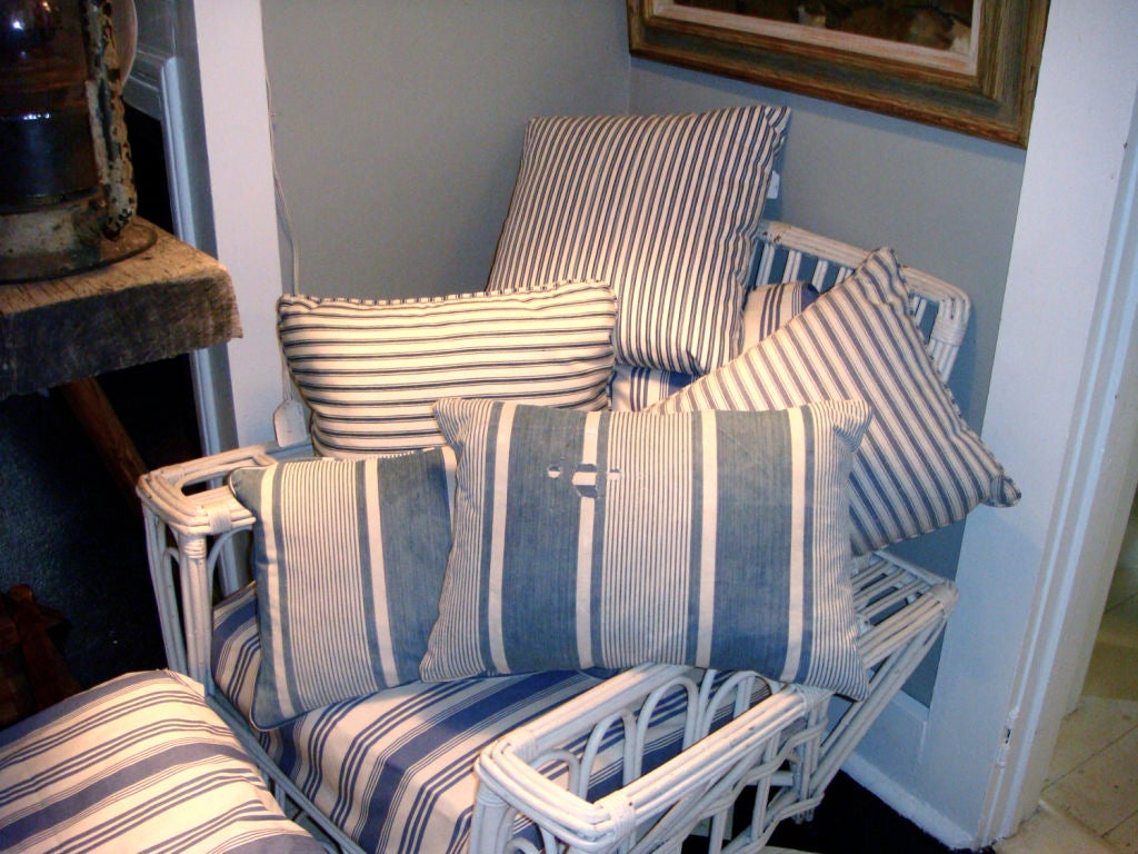 Pillows made of antique French mattress ticking by Susan E. Oostdyk. Many more colors, sizes, and fabrics available.<br />
Also French hand rolled mattresses made the original way from carded wool, available to order.