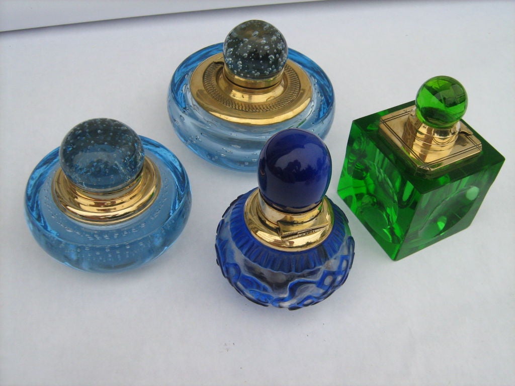 Vintage glass and brass inkwells. RED GLASS IS AVAILABLE.