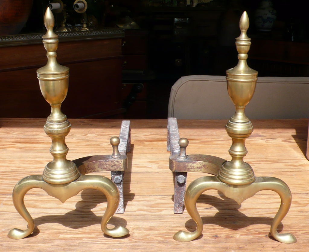 Heavy Pair of Finial Style Brass Andirons