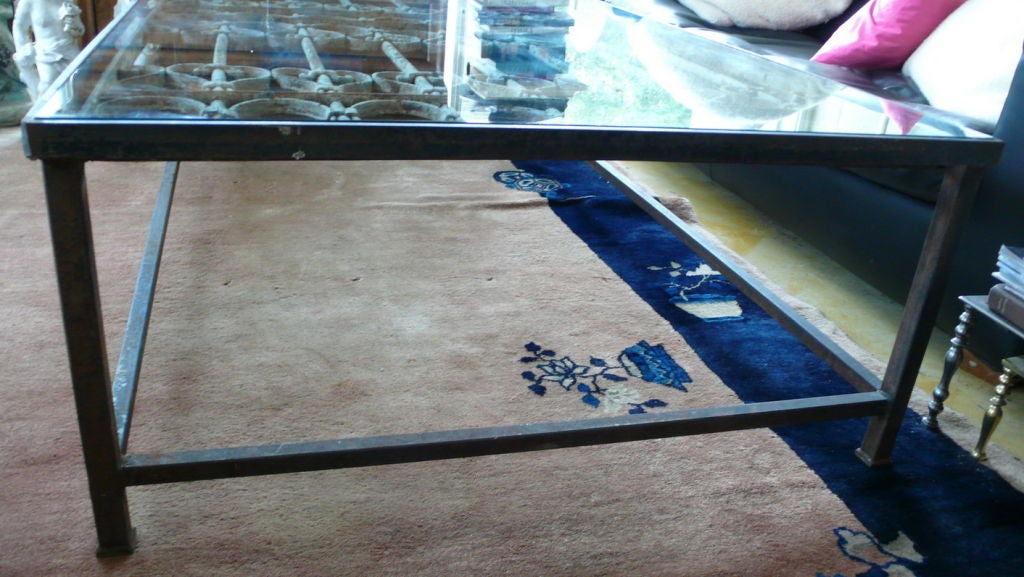 Huge Glass Top Antique Iron Gate Coffee Table In Good Condition In Wainscott, NY