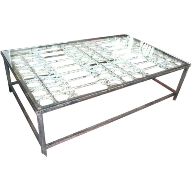 Huge Glass Top Antique Iron Gate Coffee Table