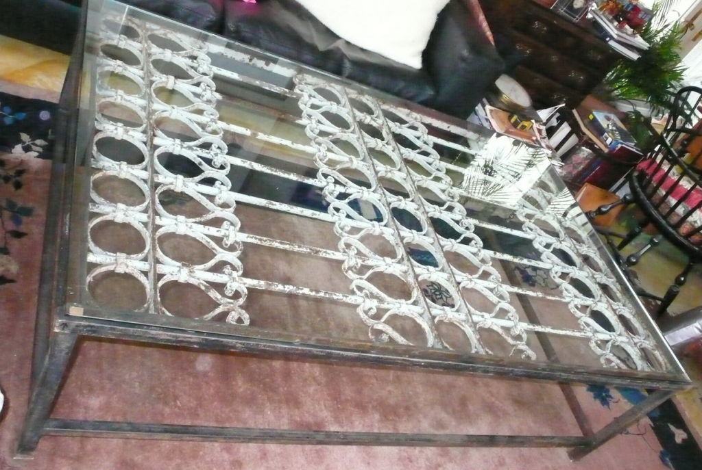 Custom Iron Base hand crafted with Antique Iron Gate into Large Glass top Coffee Table, Very Heavy