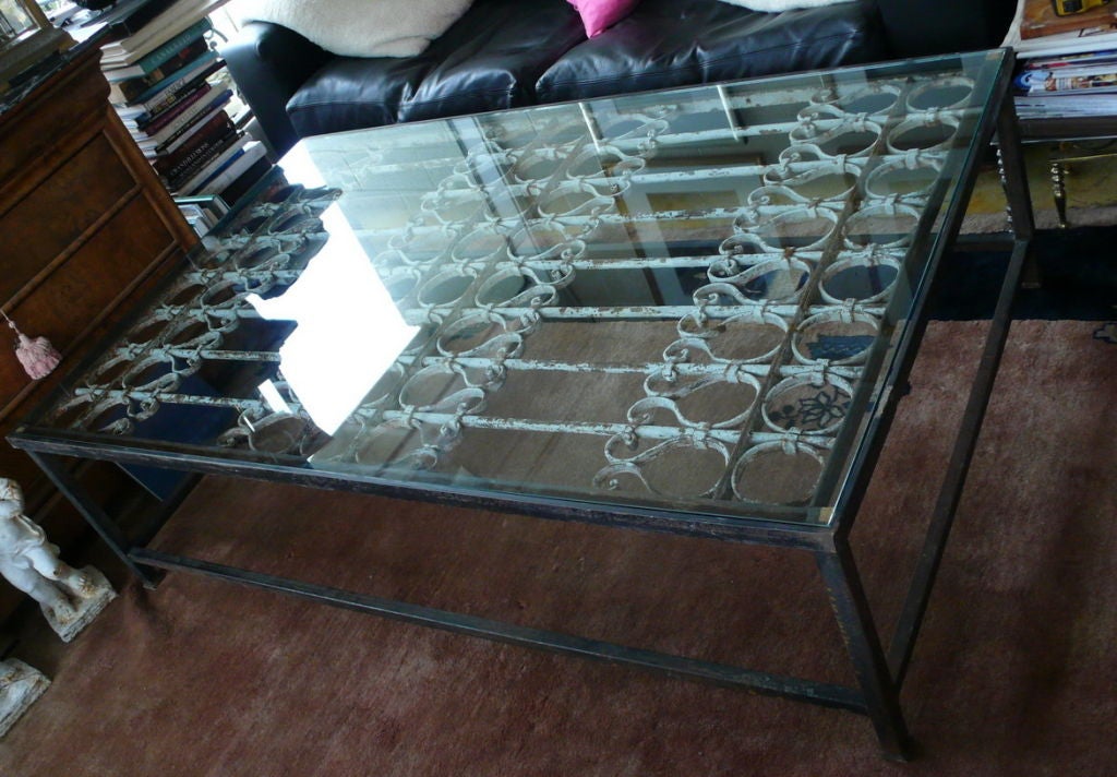 American Huge Glass Top Antique Iron Gate Coffee Table
