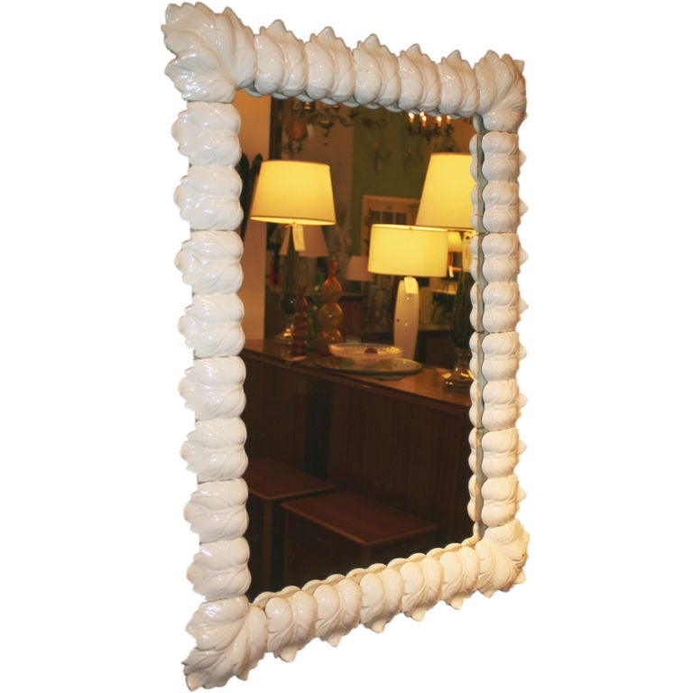 French Mirror with White Ceramic Leaves