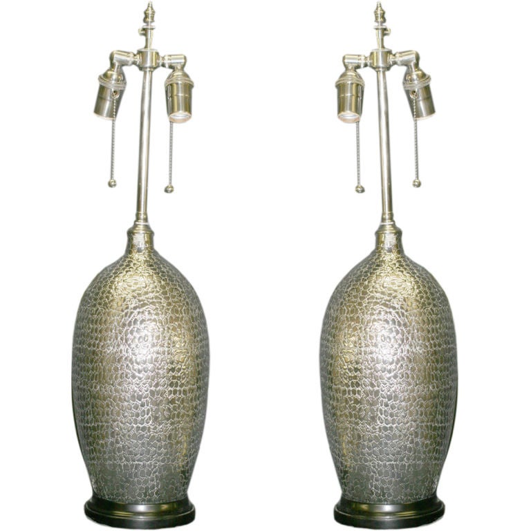 Pair of Silver Textured Vessels with Lamp Application For Sale