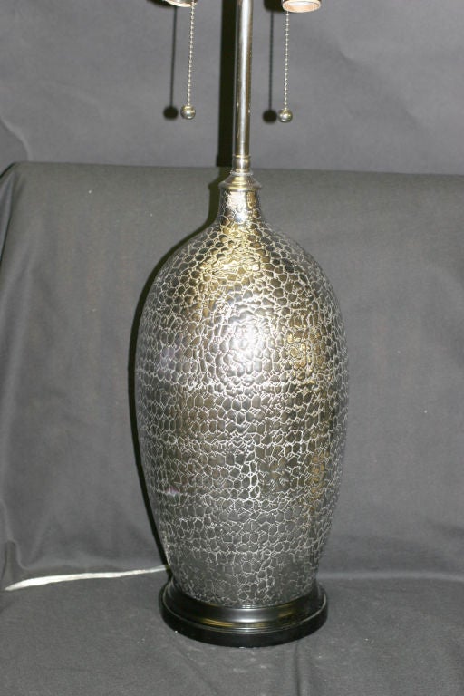 French Pair of Silver Textured Vessels with Lamp Application For Sale