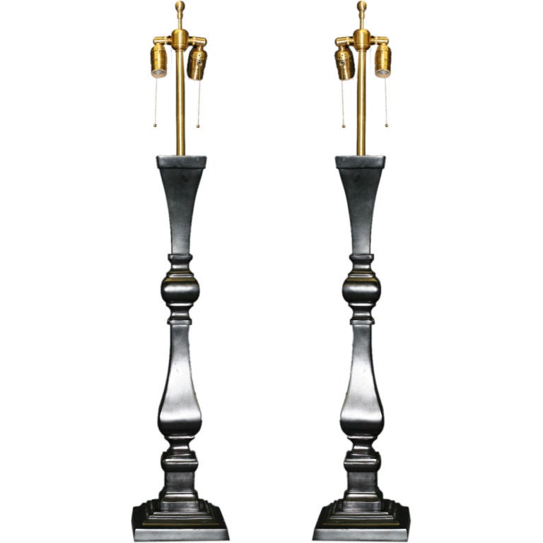 Pair of tall lacquered metal Architectural Balustrade lamps For Sale