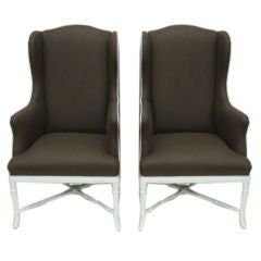 Chocolate Linen Vintage Wing Chairs with Faux Bamboo Base