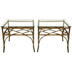 Pair of Vintage Faux Metal Bamboo Glass Topped End Tables
