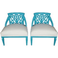 Pair of Turquoise Lacquered Floral Motif Chairs