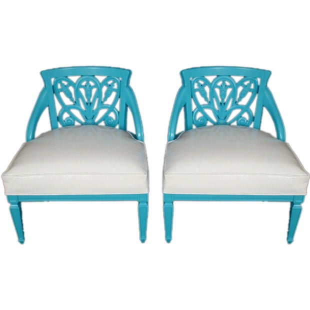 Pair of Turquoise Lacquered Floral Motif Chairs