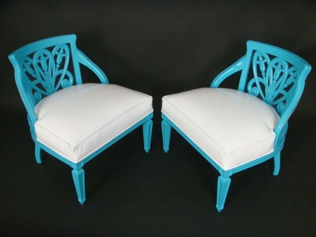 Pair of Vintage Turquoise Lacquered Petite Chairs with Carved Wood Frame and Detailed Back and Upholstered White Pattern Leather Seat and Removable Back Cushion<br />
Seat Height: 16