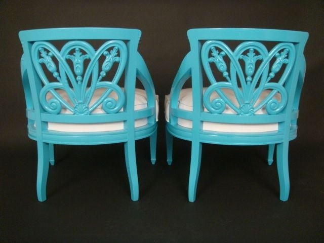 American Pair of Turquoise Lacquered Floral Motif Chairs
