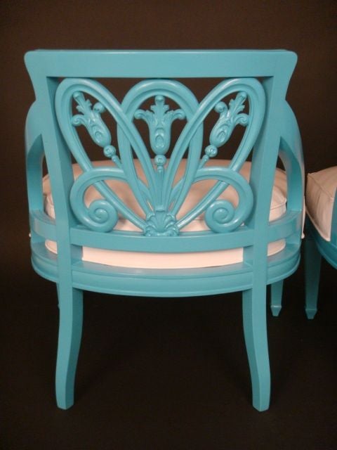 Pair of Turquoise Lacquered Floral Motif Chairs In Excellent Condition In New York, NY