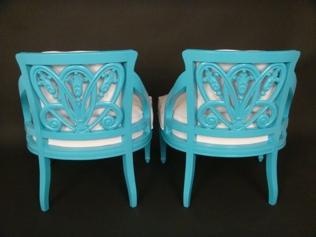 Pair of Turquoise Lacquered Floral Motif Chairs 1