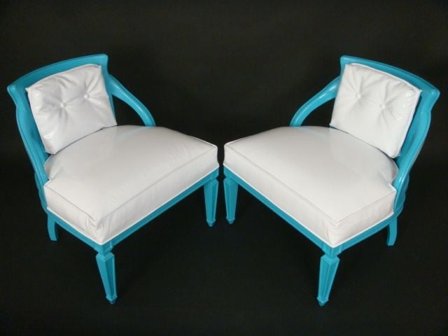 Pair of Turquoise Lacquered Floral Motif Chairs 2