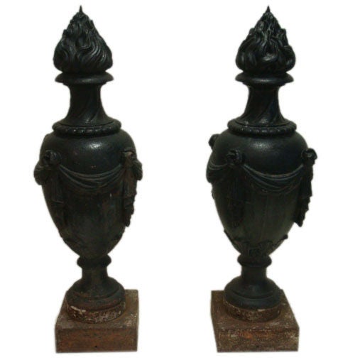 Pair of French Metal Flame Finial Urns For Sale at 1stDibs