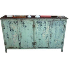 Distressed Blue Painted Metal and Wood Buffet
