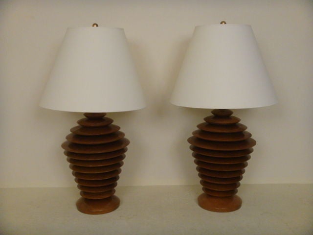 Pair of Deco Style Wood Disc Lamps