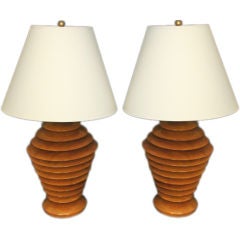 Pair of Deco Style Wood Disc Lamps