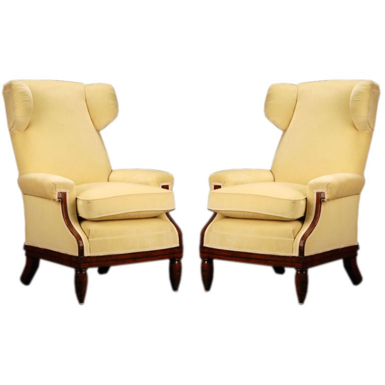 Pair of "Pullman" Wing Back Velvet Chairs For Sale