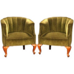 Pair of Deco Channel Back Club Chairs in Olive Velvet