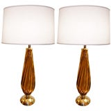 Pair of Barovier Fluted Amber Glass Lamps