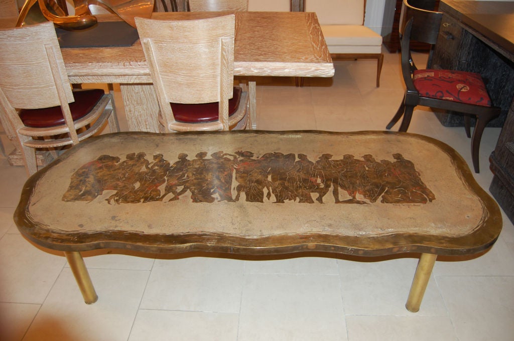 Signed Phillip & Kelvin LaVerne Romanesque bronze coffee table.