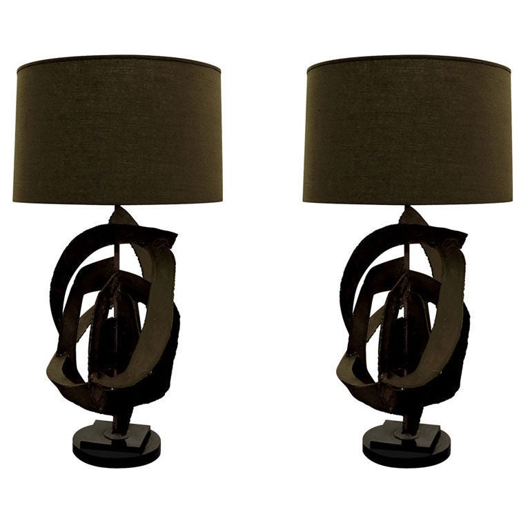 Pair of Brutalist Blackened Steel Lamps