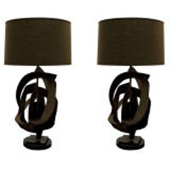 Pair of Brutalist Blackened Steel Lamps 4