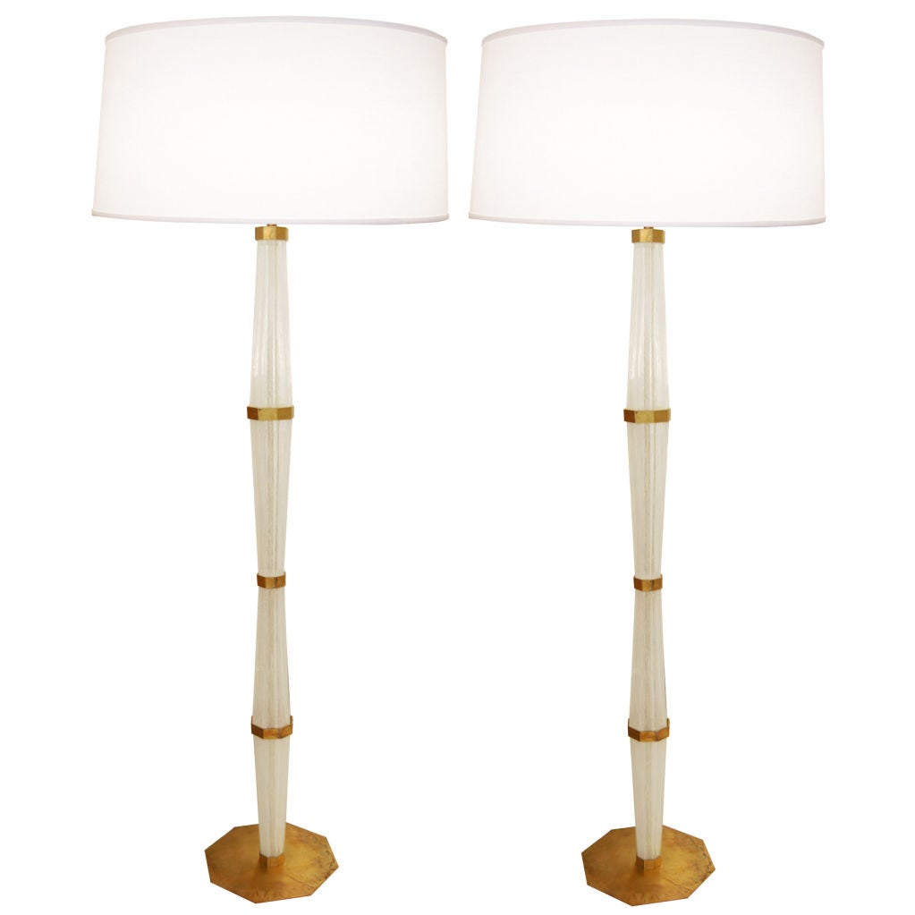Pair of Murano Glass and Brass Floor Lamps For Sale