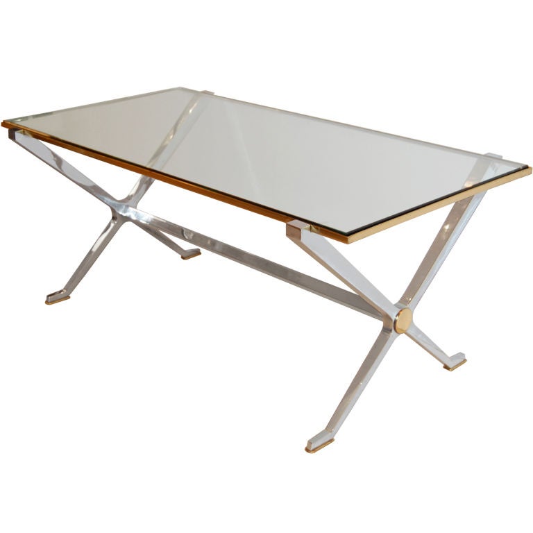 French Steel and Brass Coffee Table with Glass Top For Sale