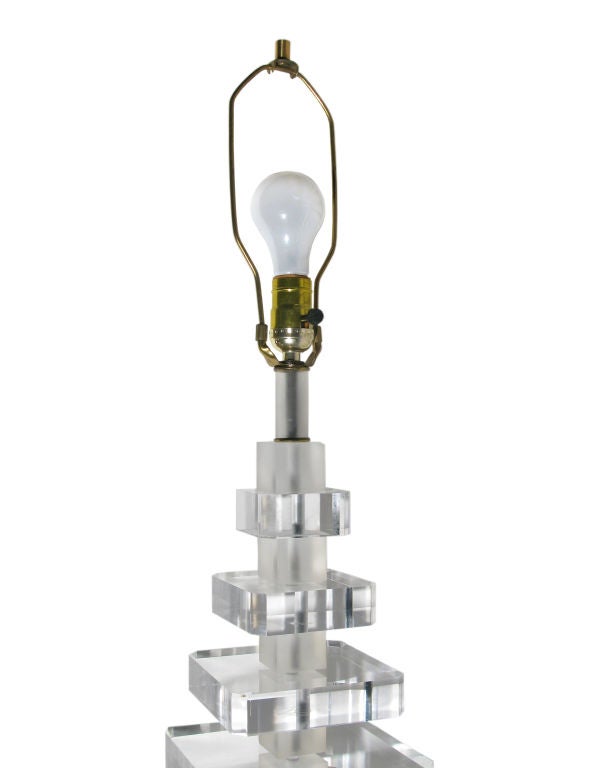 American Pair of Large Sculptural Table Lamps in Stacked Lucite Blocks