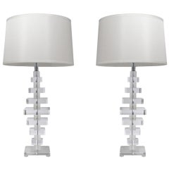 Pair of Large Sculptural Table Lamps in Stacked Lucite Blocks