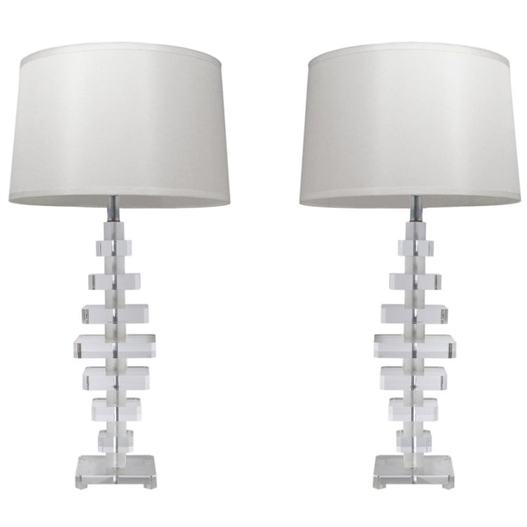 Pair of Large Sculptural Table Lamps in Stacked Lucite Blocks