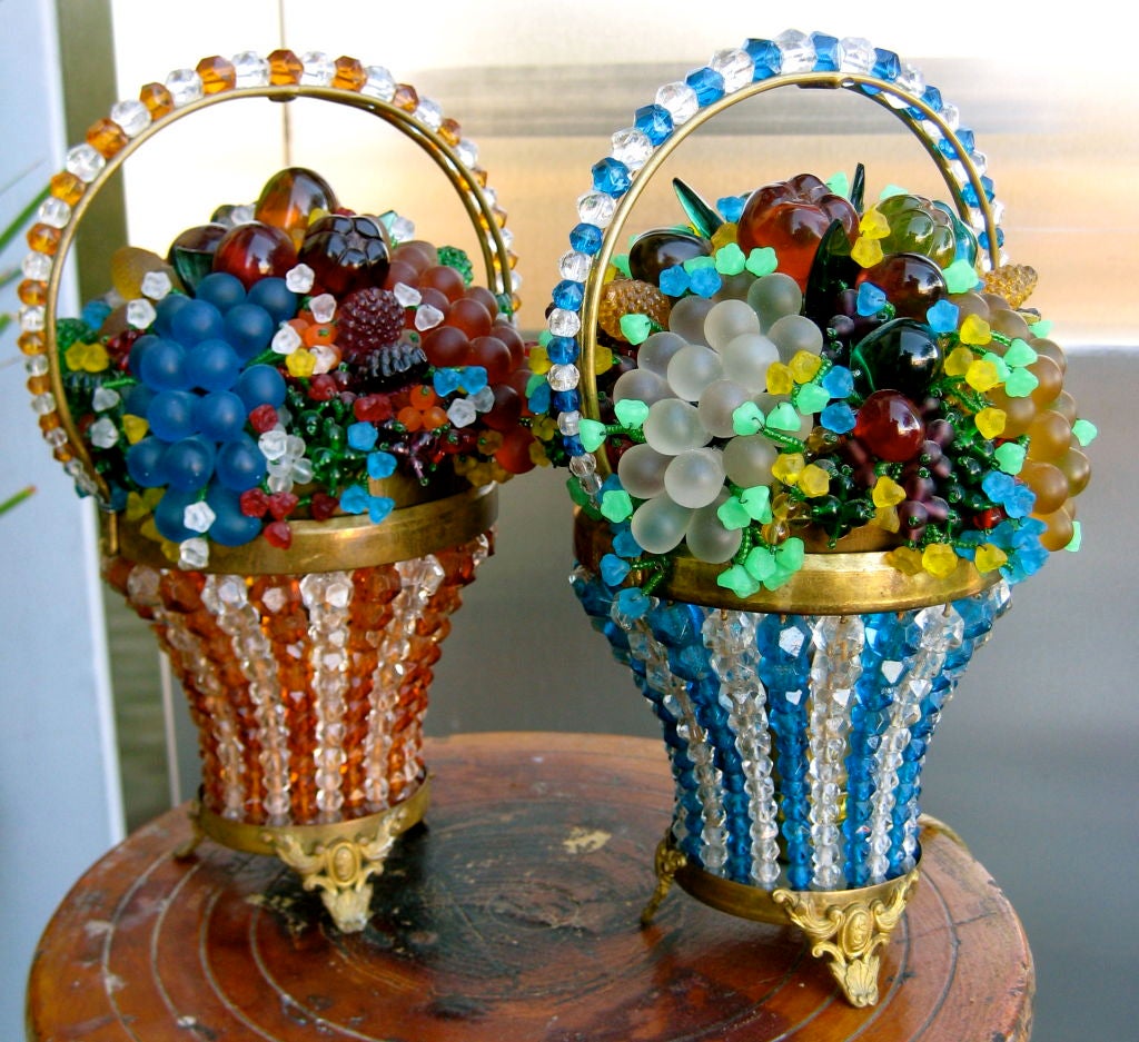 20th Century Pair of Czech Glass Fruit Basket Lamps
