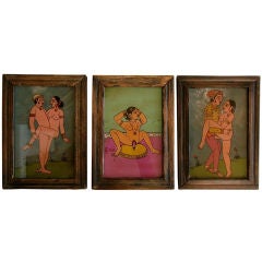 Set of Three Erotic Paintings on Glass