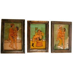 Set of Three Erotic India Paintings on Glass