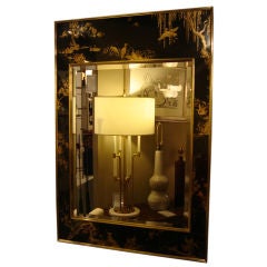 Fauna-Motif Reverse Painted Black & Gilt Mirror by La Barge