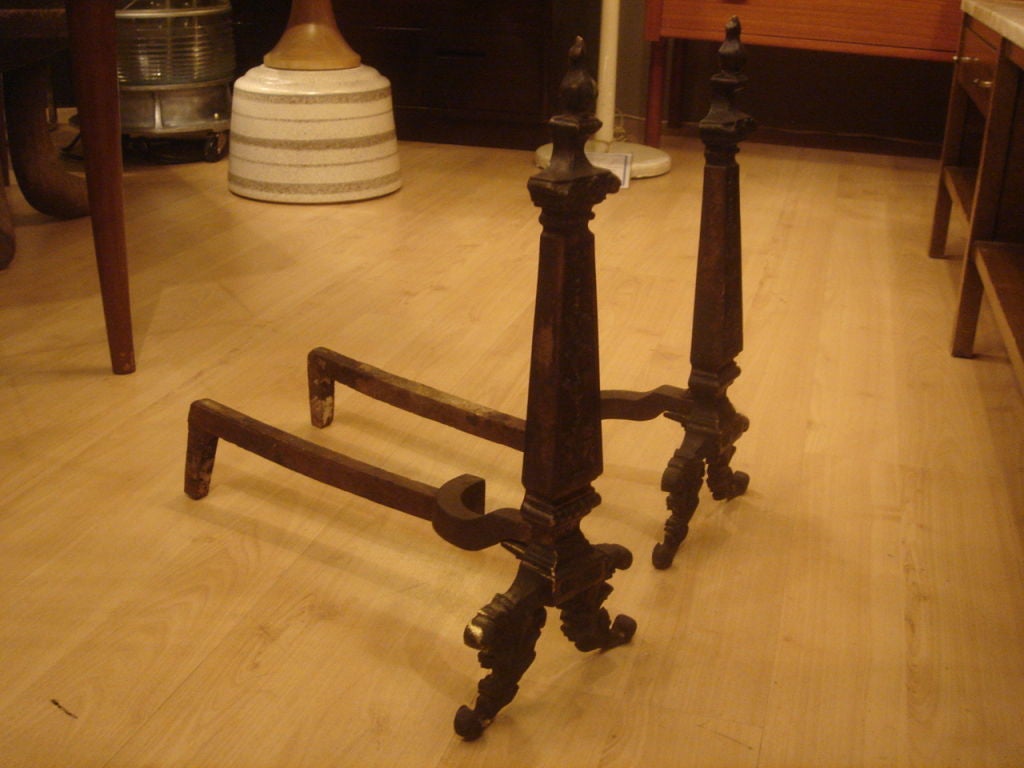 Antique Black Metal Andirons by Stanton In Good Condition In New York, NY