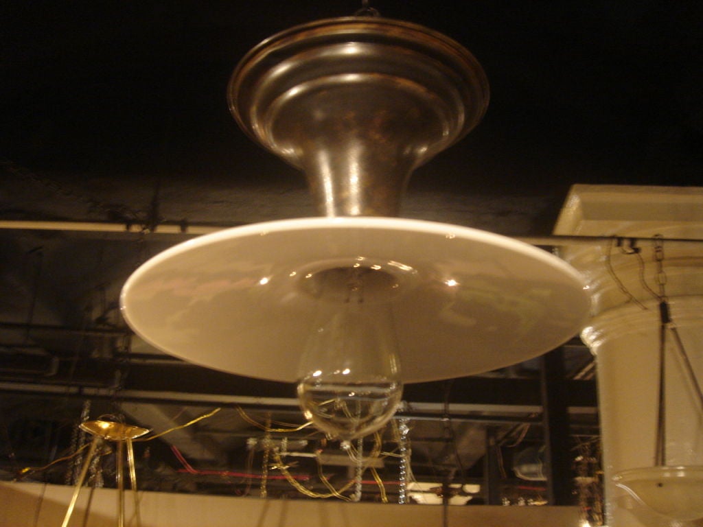 20th Century Antique Flush Mount Light with Fluted Milk Glass Disk Shades