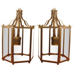 Pair of Vintage Patinated Brass Hanging Lanterns