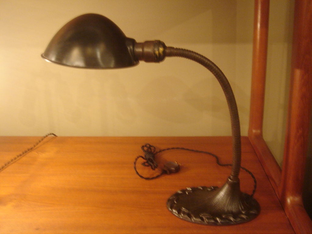 Antique industrial-style desk lamp made by the Aladdin Mfg. Company. USA, circa 1910. <br />
<br />
Features adjustable gooseneck with period-designed base and twist on-off switch. All original. Patinated brass (black) finish.  <br />
<br