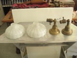 Vintage Brass Wall Lights with White Ribbed Milk Glass Shades