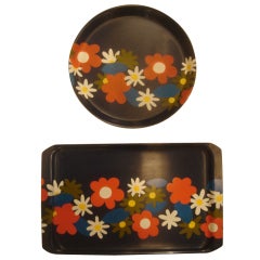 Vintage Set of Flower Power Navy Lacquered Serving Trays